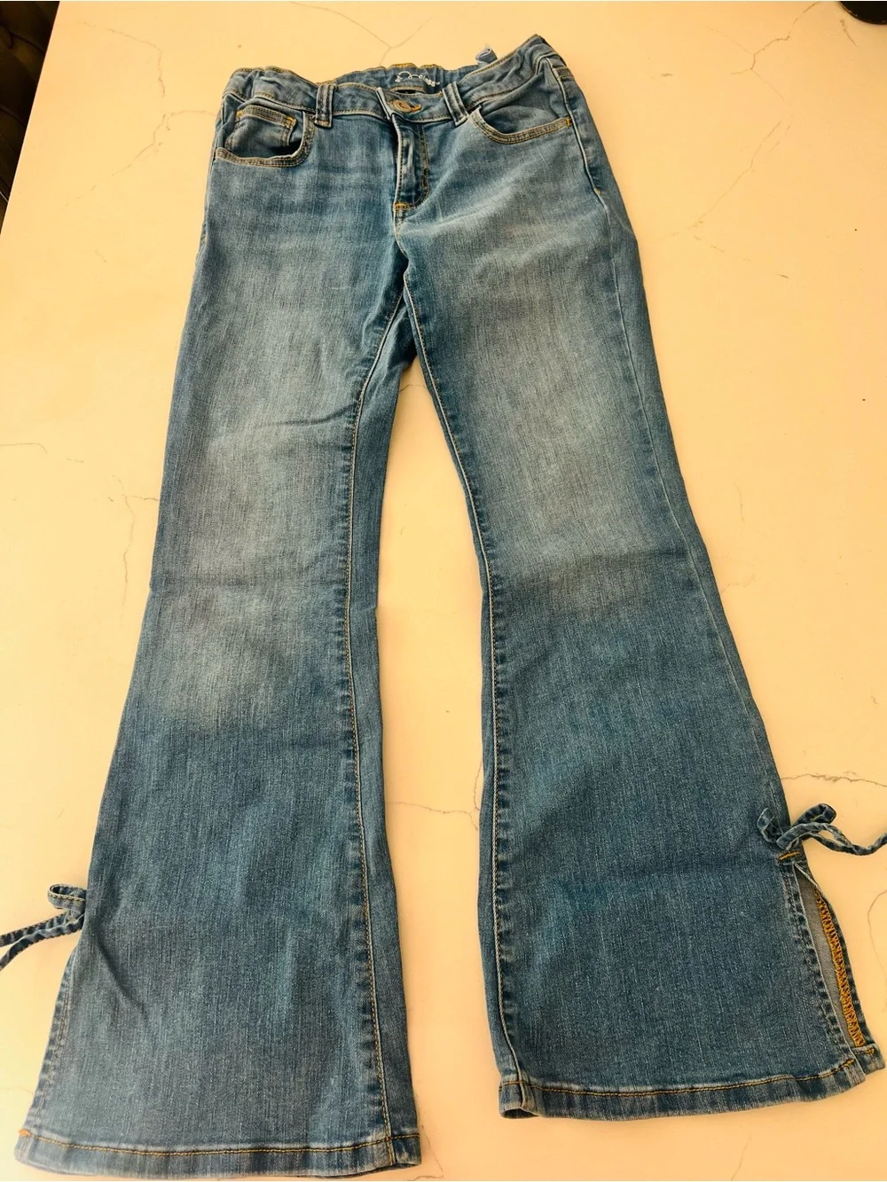 Pair of Girls Light & Mid Blue Denim Bow Jeans - Casual Wide Leg